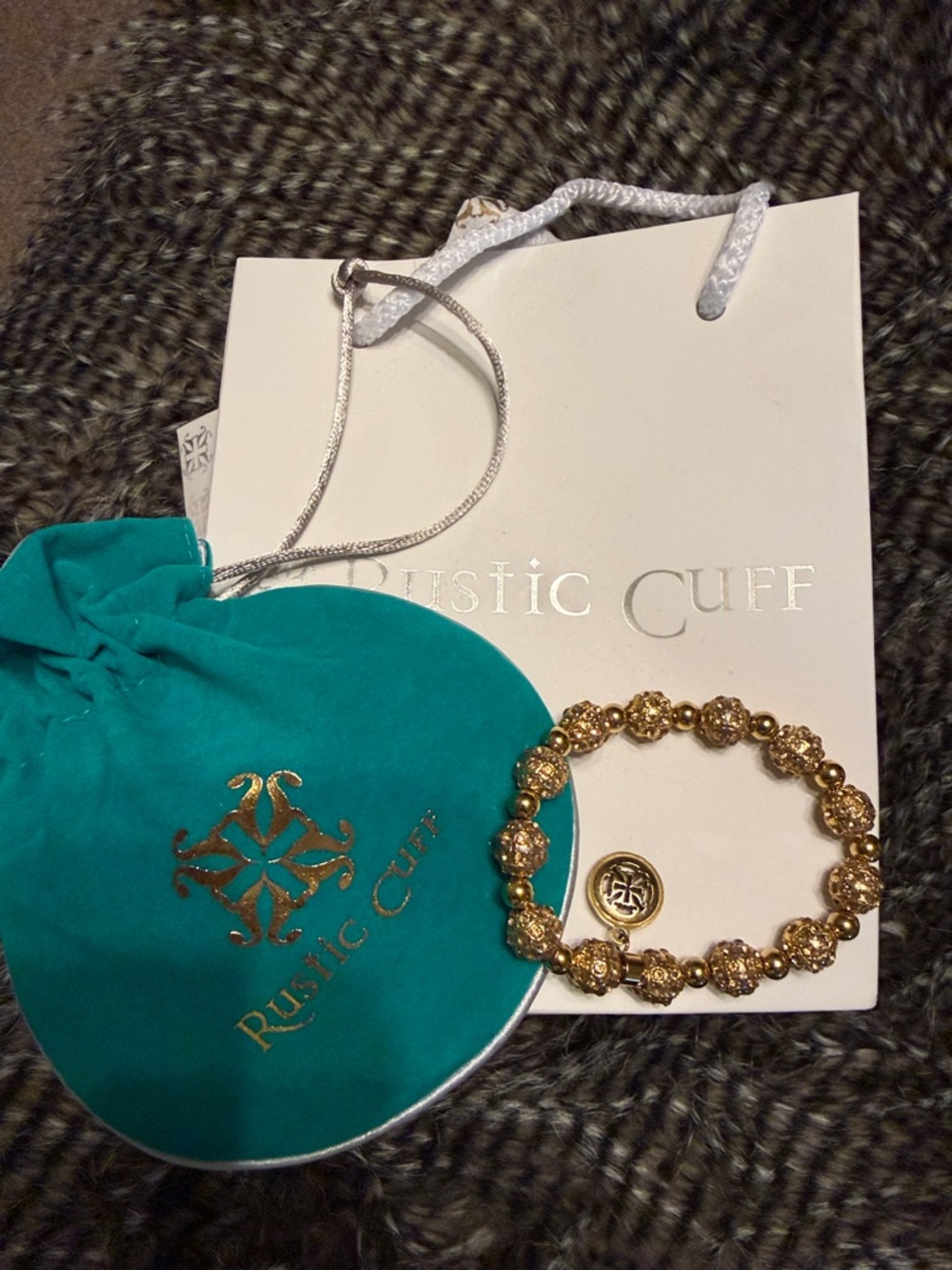 Rustic Cuff Gold Beaded Stretch Bracelet with Medallion